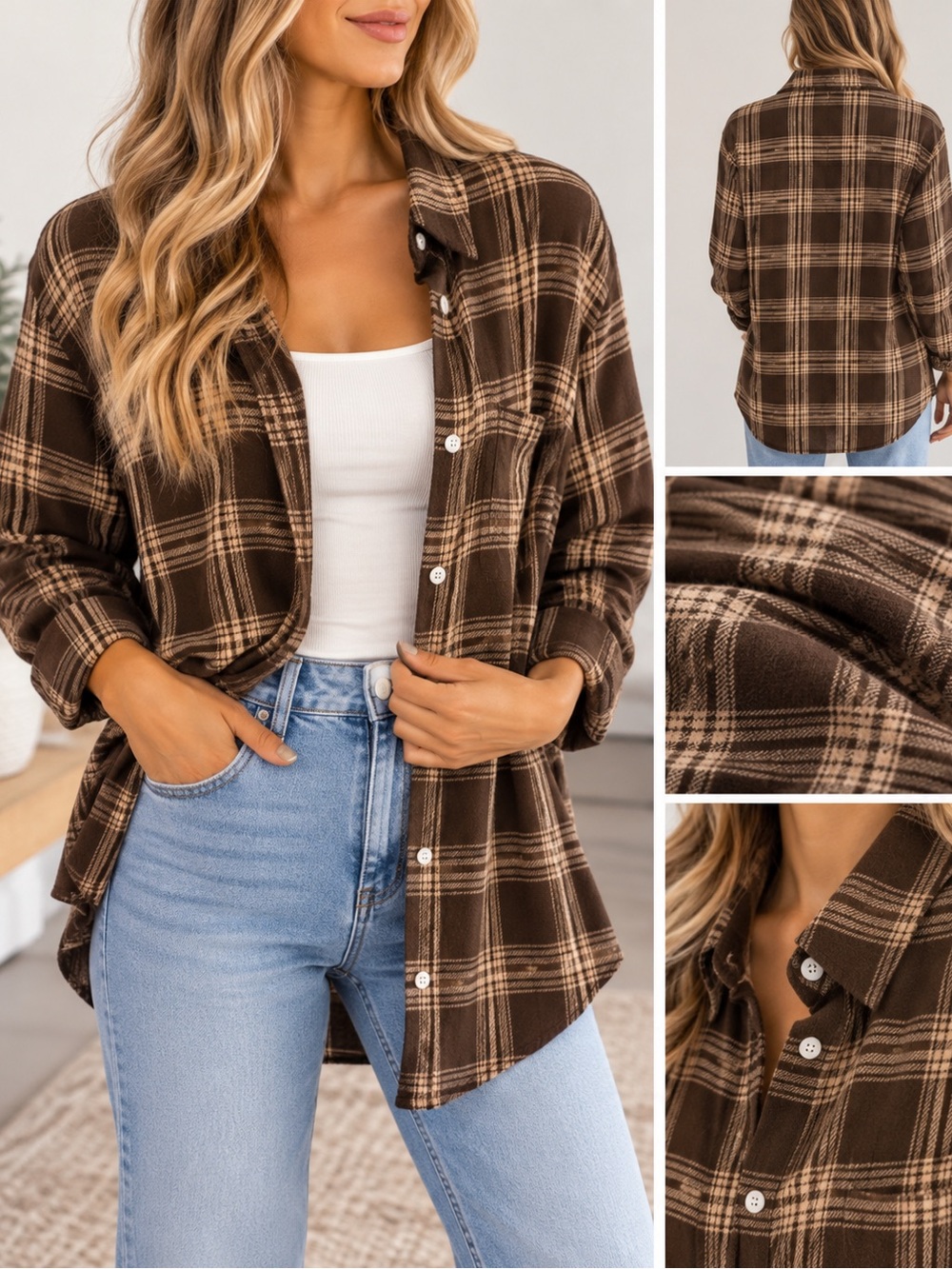 Women’s Brown Plaid Button-Up Shirt Jacket